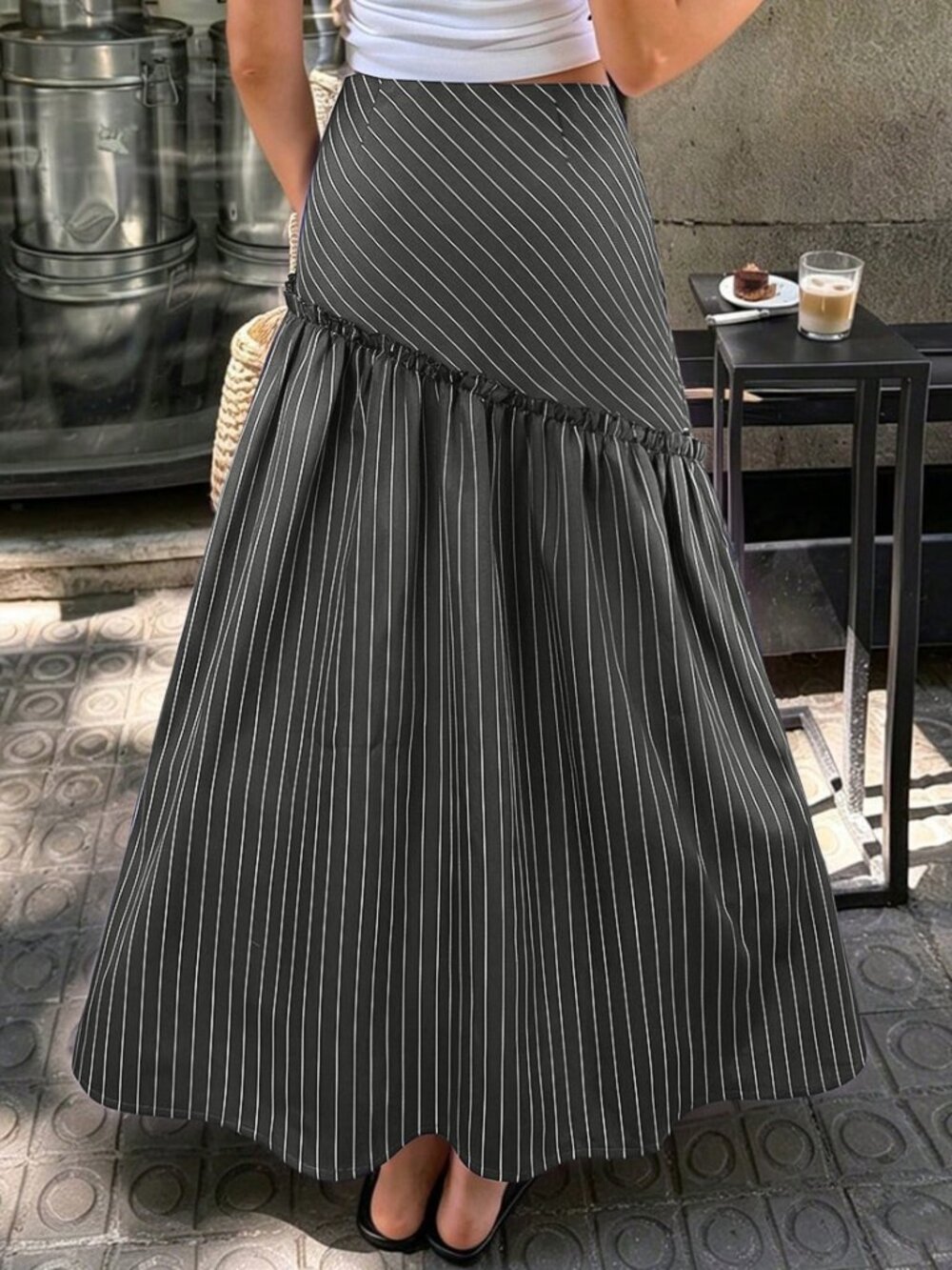 Dark Grey Casual Women's Vacation Striped A-Line Long Skirt - Picture 2 of 7